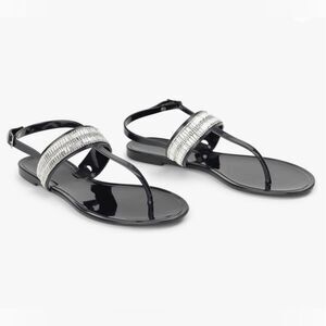 Savi Black Rhinestone Embellished Jelly Thong Sandal with Faux Buckle Size 9